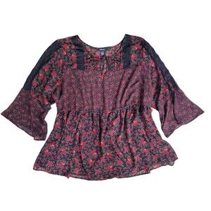 Torrid Sz 3 (22) Black Red Rose Floral Print Lace Trim Sheer Blouse Bell Sleeve
